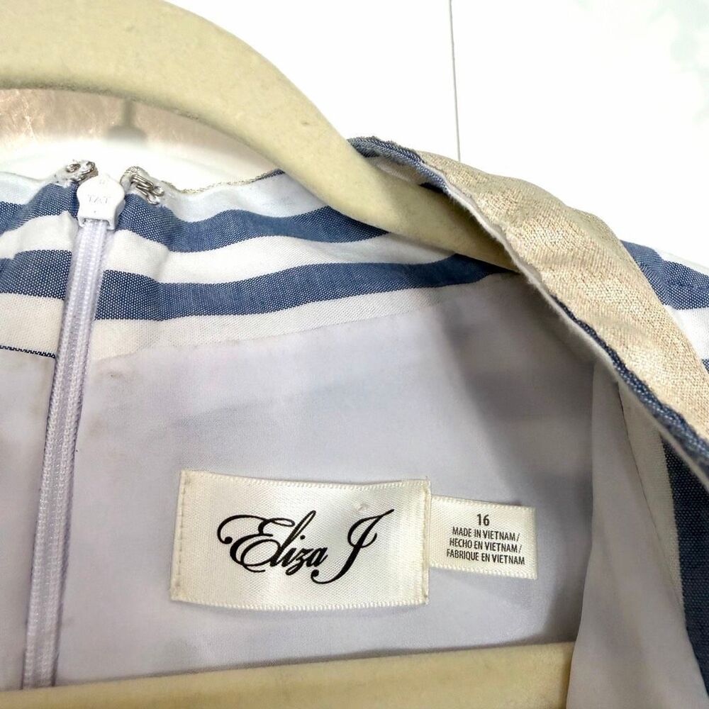Eliza J Dress 16 Blue White Stripe Nautical Gold V Neck Cotton Mini Tunic short - Picture 4 of 16